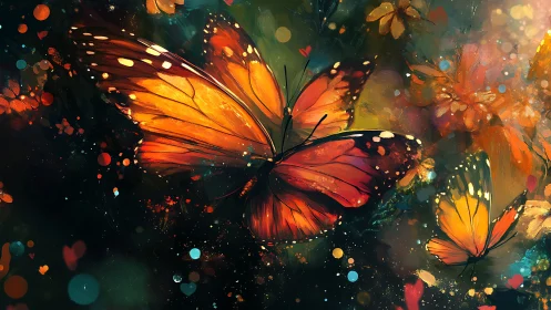 Aurora-winged butterflies dancing through ember-kissed dusk.