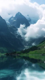 Cloud-kissed mountain lake where quiet light lingers long.