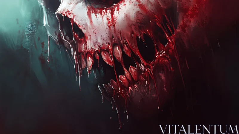 Blood-soaked skeletal visage in dark abstract atmosphere.