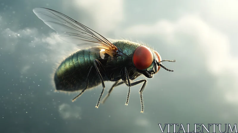 Glistening green fly drifting through soft glowing sky.