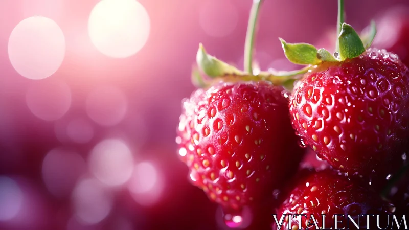 Macro view of wet strawberries against blurred pink bokeh.