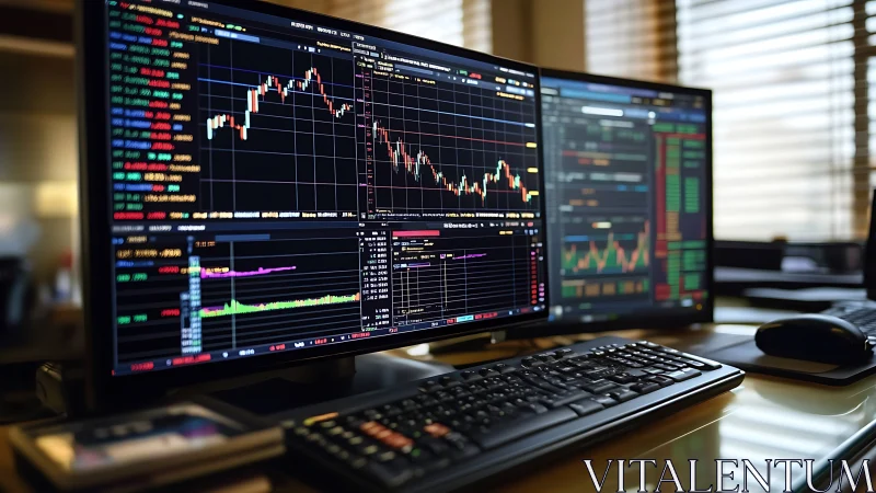Dual-monitor quantitative trading workstation with live charts.