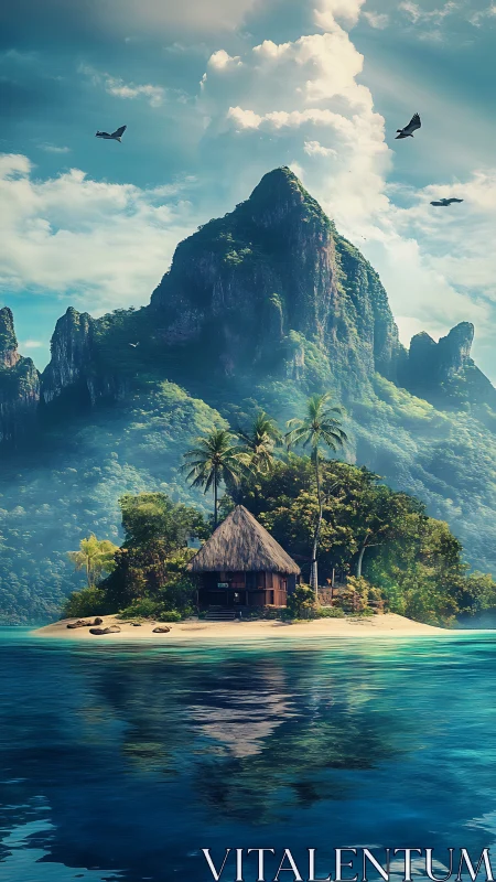 Tropical Island Sanctuary Beneath Towering Stone Peak.