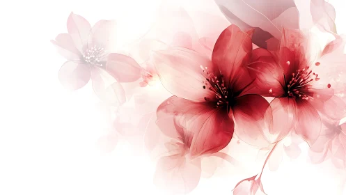 Gradient floral composition with layered botanical subjects rendered in red and pink tones.