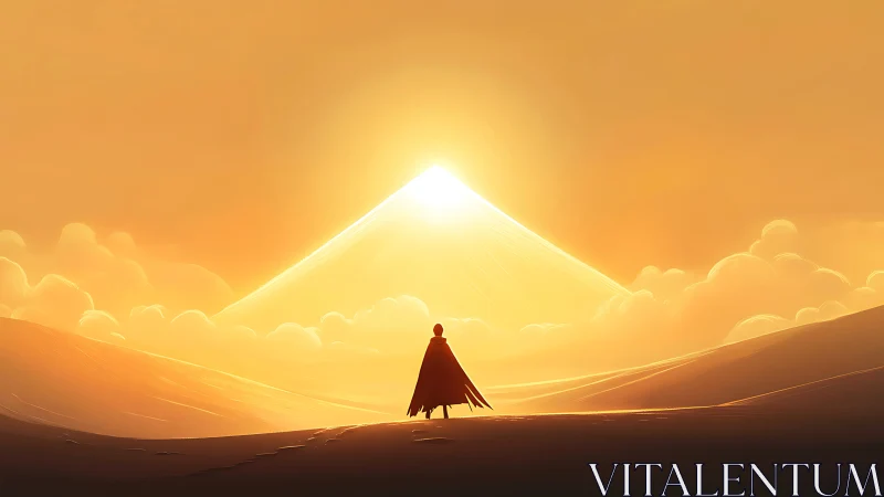Solitary cloaked figure surveying radiant pyramidal sunform