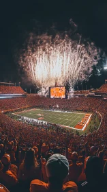 Night stadium roar under explosive fireworks display.