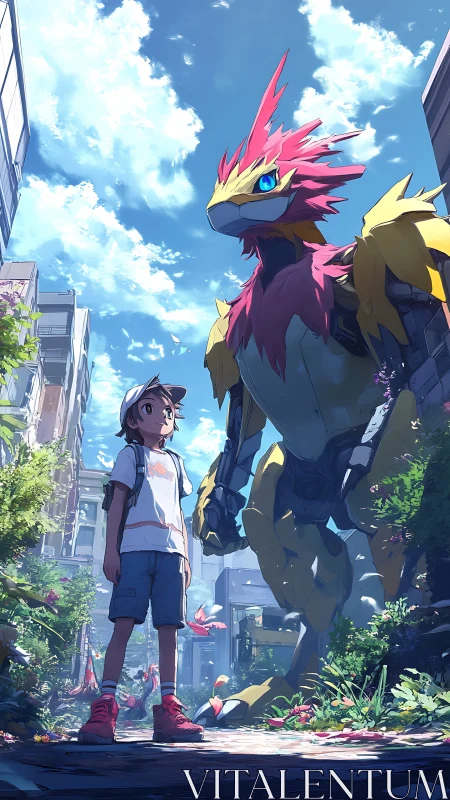 Boy and avian mecha companion in sunlit urban alleyway