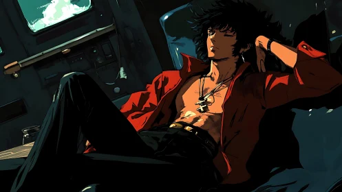 Noir-lit anime drifter reclining in retrofuturist cabin.