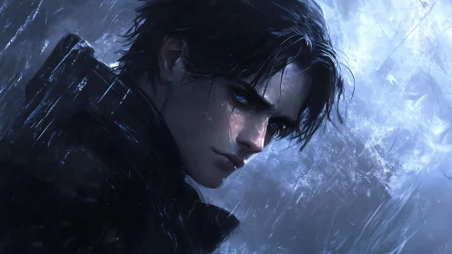 Storm-lit loner carves silence through shards of winter light