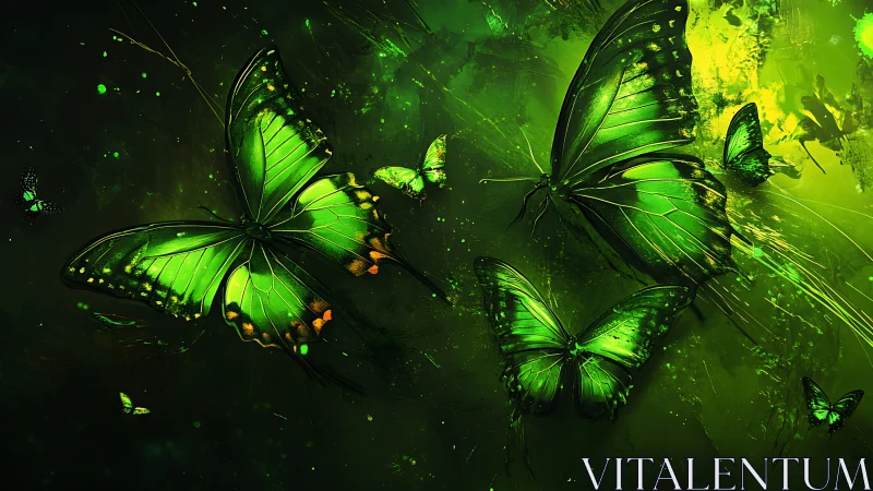 Emerald butterflies drift through luminous abstract light.