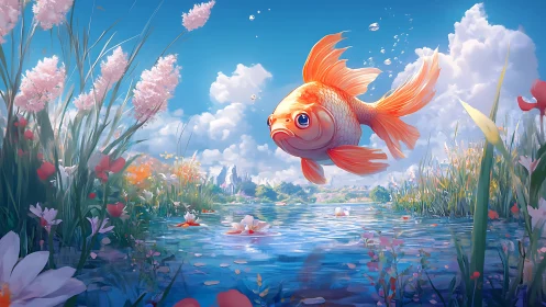 Daydreaming goldfish drifts through a sunlit storybook pond.