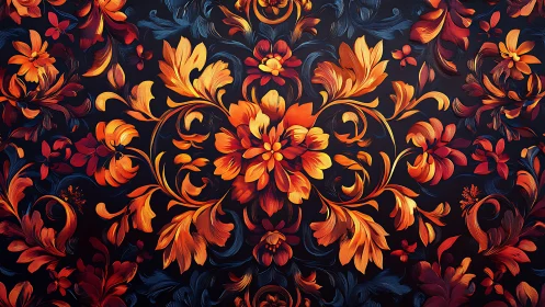 Radiant orange floral arabesque over deep midnight ground.