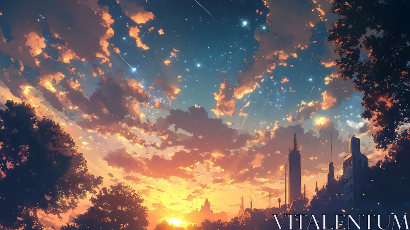 Sunset skyline is framed by foliage under starry sky