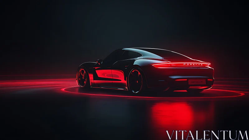 Sleek sports car glides through neon red light trails at night