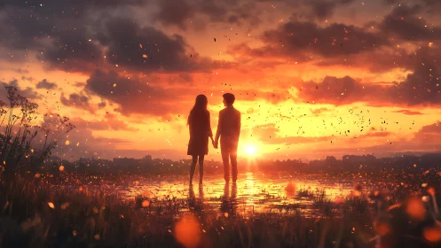 Silhouetted Couple Holding Hands Against Vivid Sunset Over Water