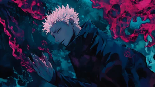 White haired figure stands in profile amid red spectral forms