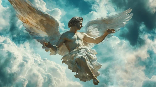 Soaring marble angel draped in light above bright clouds.