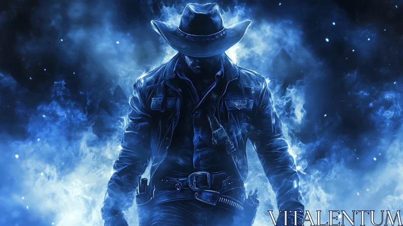 Luminous lone gunslinger walking through swirling blue mist.