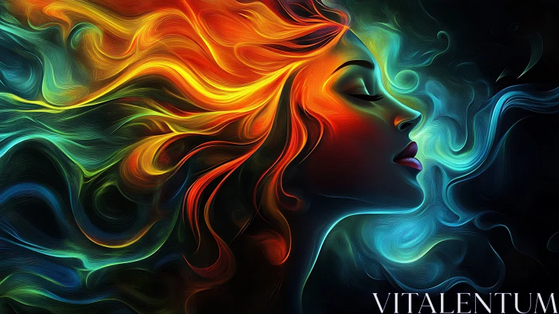 Digital portrait uniting fiery and cool swirling energy flows.
