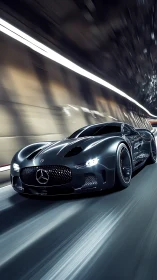 Futuristic black supercar races through illuminated tunnel.