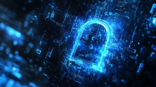 Glowing digital padlock protects data within a neon cyber grid