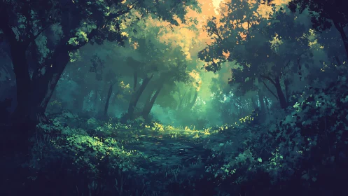 Enchanted Forest Clearing: Mystical Woodland with Luminescent Canopy Architecture