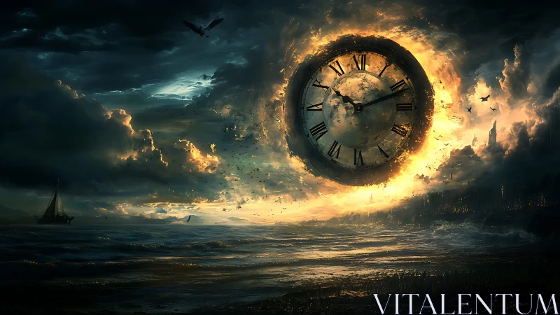 Colossal burning clock disk dominates stormy twilight seascape