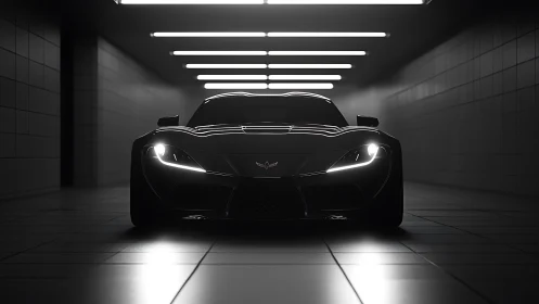 Sleek black sports car under tunnel strip lighting.