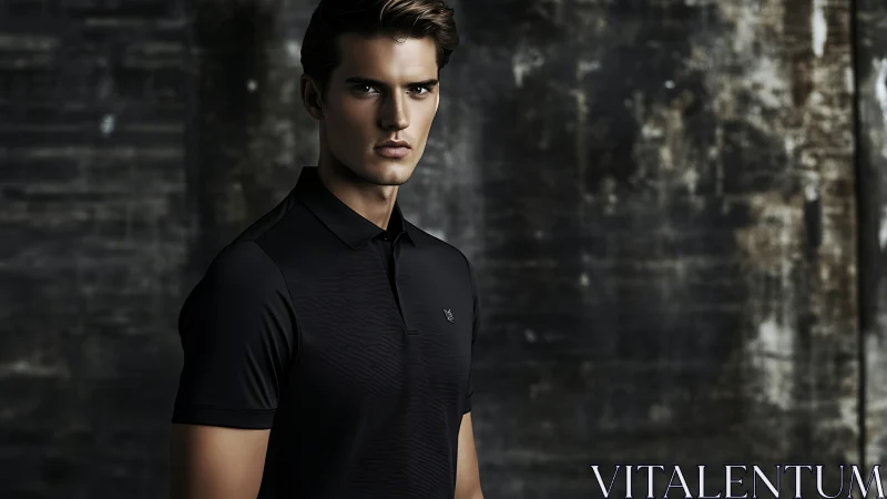 Male model in matte black polo against textured industrial wall