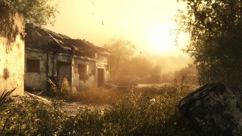 Backlit abandoned houses with volumetric haze in golden hour lighting