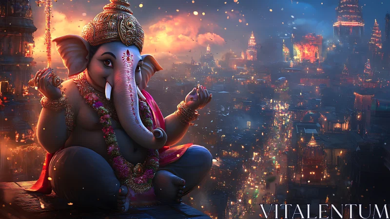 Gentle elephant deity glowing above a sparkling night city.