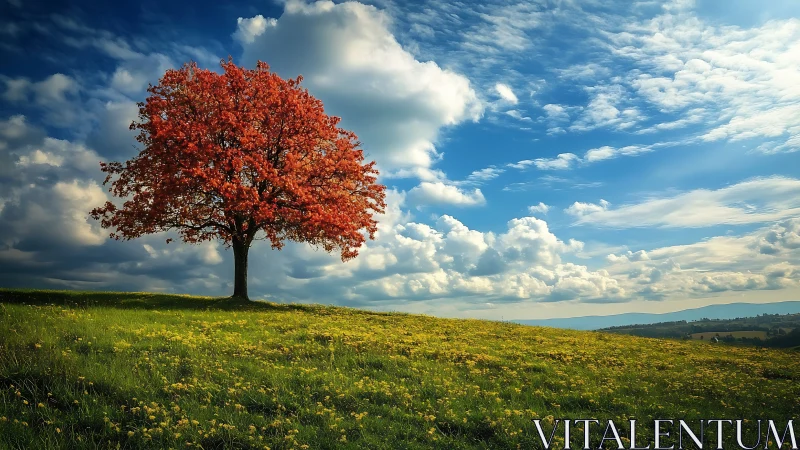 Solitary red tree on sloping meadow under bright sky.