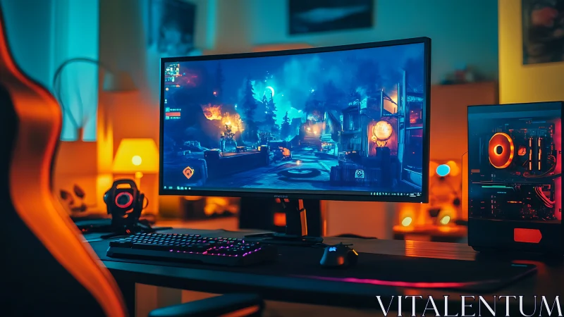 Immersive gaming desk glows with neon colors and cozy light