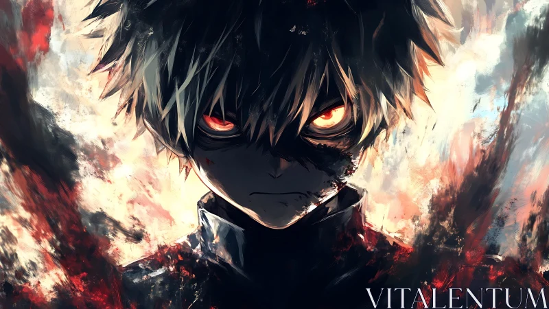 Intense anime portrait of male figure with glowing eyes.
