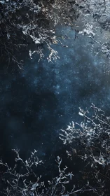 Snow-dusted branches frame a dark, wintry night sky.