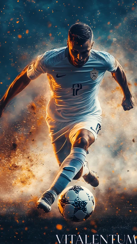 Male footballer in white kit striking ball amid particles.