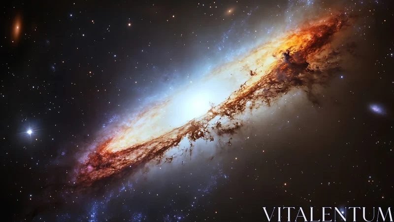 Spiraling galactic core with luminous dust lanes erupting.