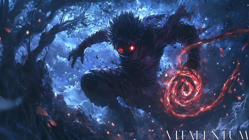 Dark forest mage channels spiraling red energy amid blue mist