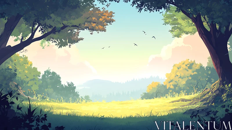 Serene Forest Meadow Where Light Dances Through Ancient Trees