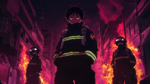 Street of embers with anime firefighters in neon blaze.