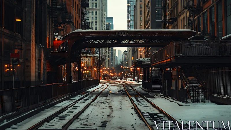 Snow covered urban rail tracks between high rise buildings.