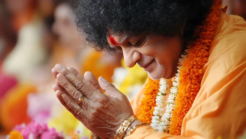 Elderly spiritual devotee bows in prayer with marigold garlands