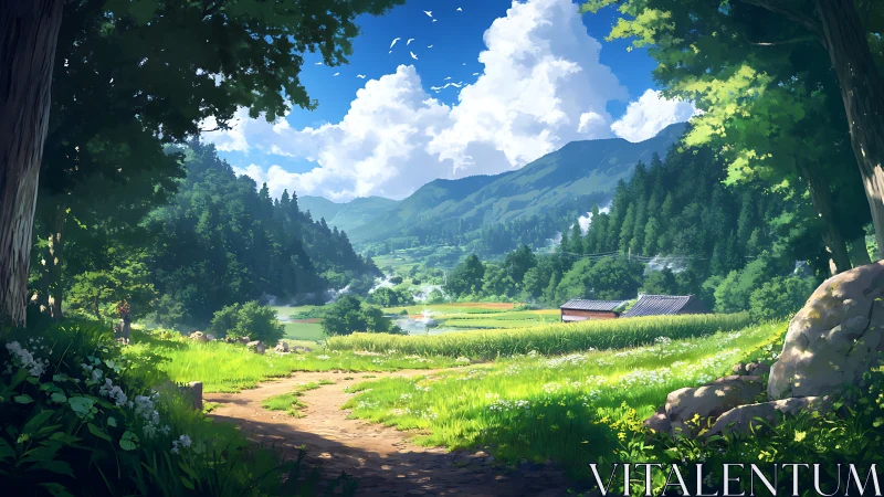 Summer valley path hums softly between forest and fields