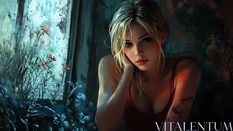 Woman sits by a window in low light, rendered digitally