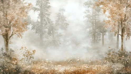 Misty autumn forest softens distant trees and golden meadow