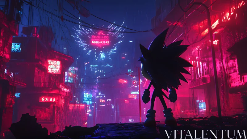 Silhouetted hedgehog surveys neon cyberpunk alley in rainfall