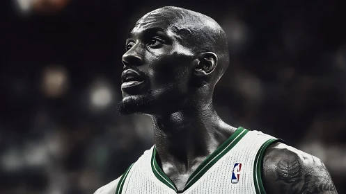 High-contrast courtside portrait of basketball player in spotlight