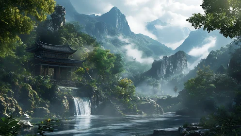 Mist-veiled mountain temple above crystalline waterfall basin.