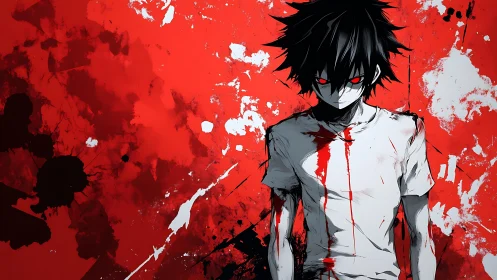 Blood soaked anime boy against violent red splatter field.