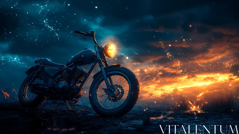 Retro scrambler motorcycle against dusk firestorm sky